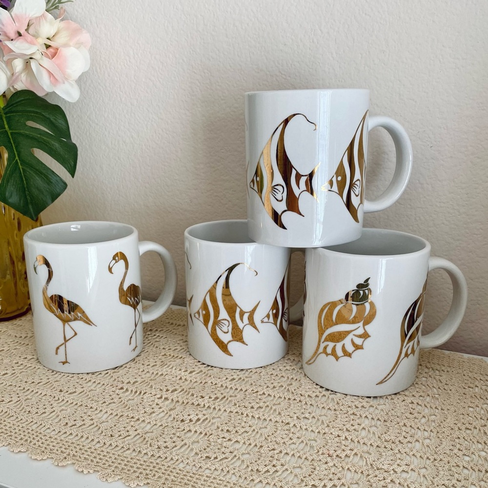 Studio Nova Tropical Gold Mugs Sea Shell  Flamingo Angel Fish Set of 4